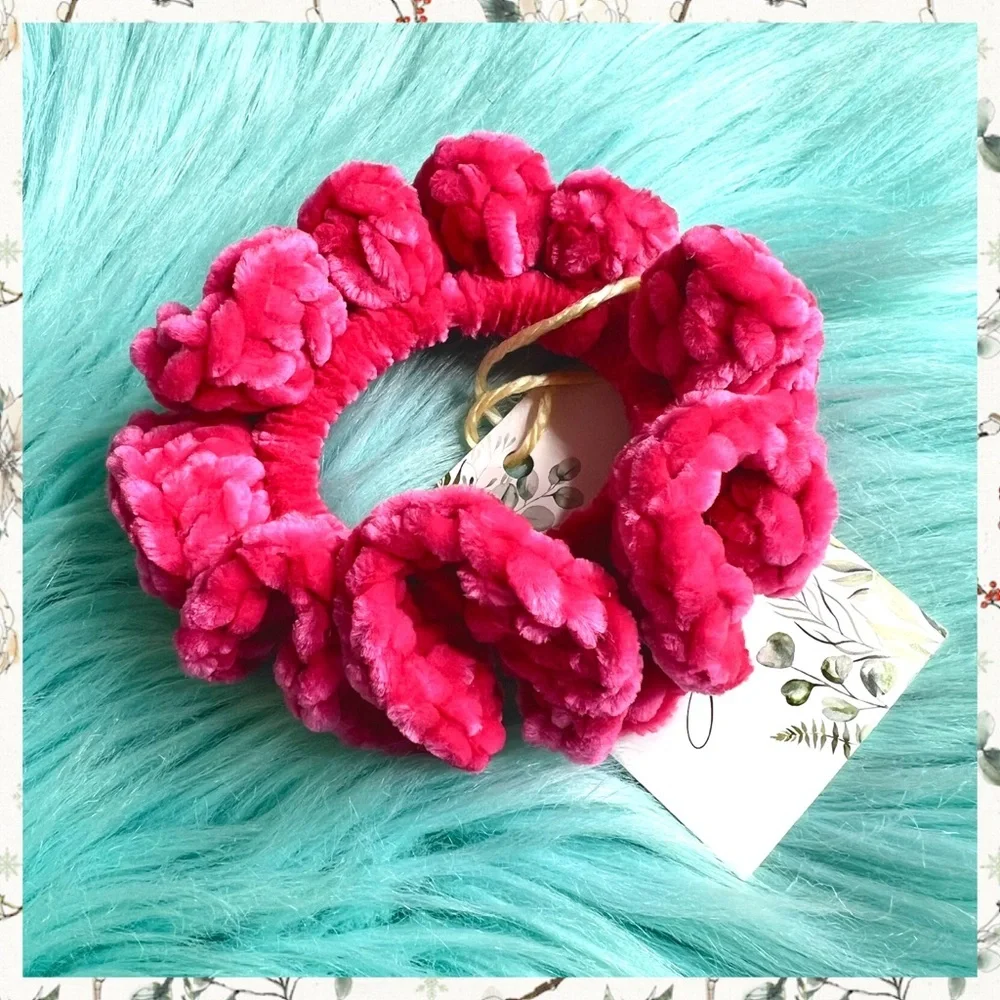 Handmade Crochet VELVET Luxe Hot Pink Candy Plush Hair Scrunchie PinkRainCloud